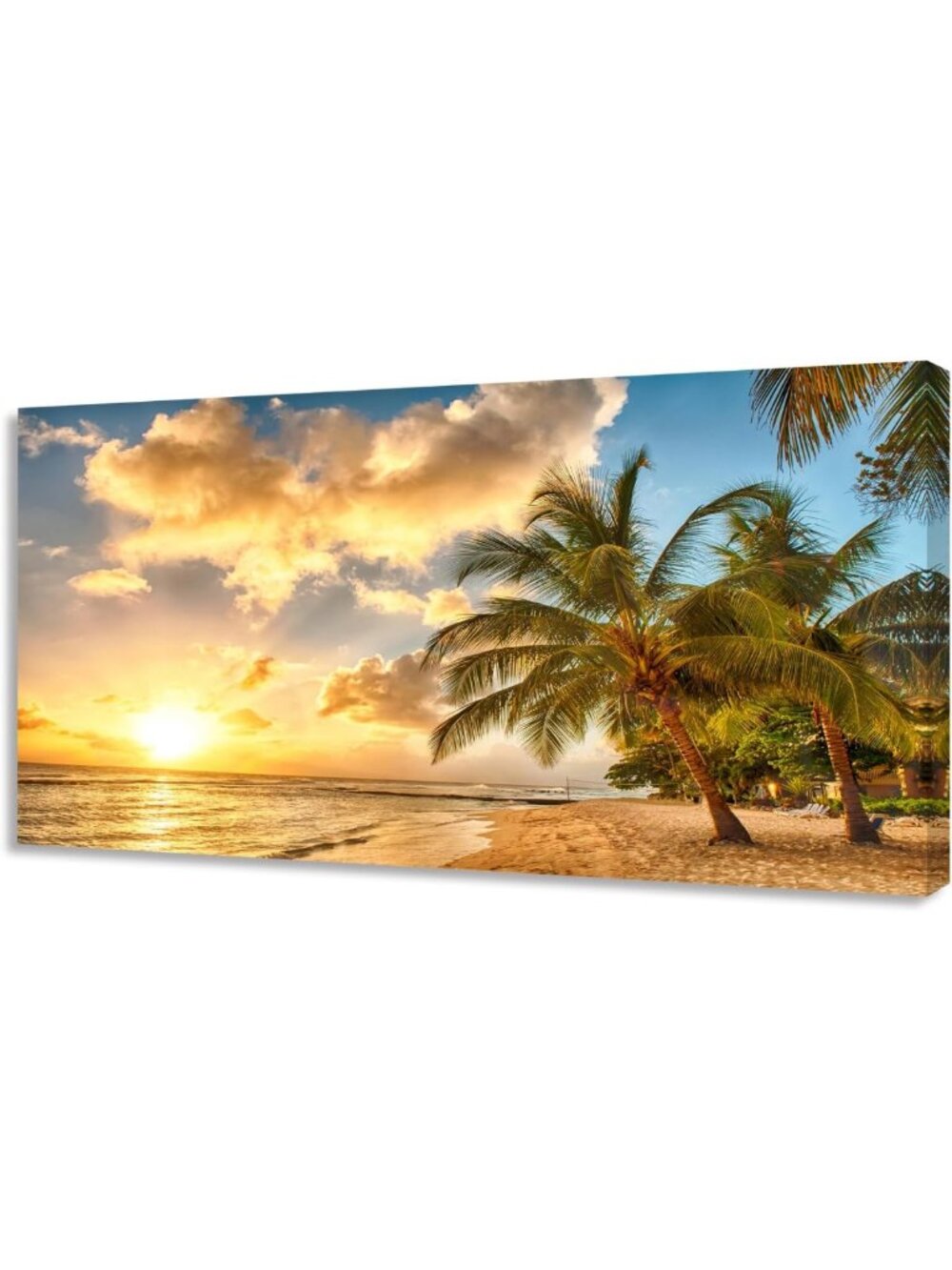 Golden Ocean Beach Canvas Art - Sunset Palm Tree Landscape Print, Ready to Hang